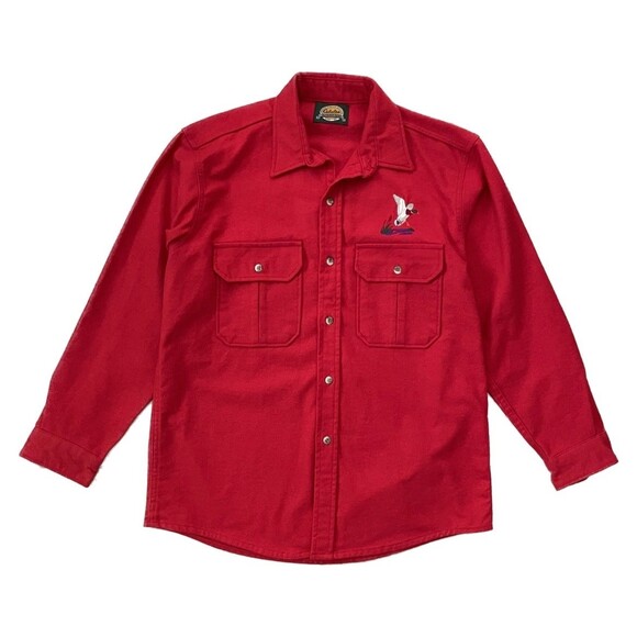 Vintage Cabelas Chamois Duck Hunt Flannel Button Down Shirt Size L Red USA